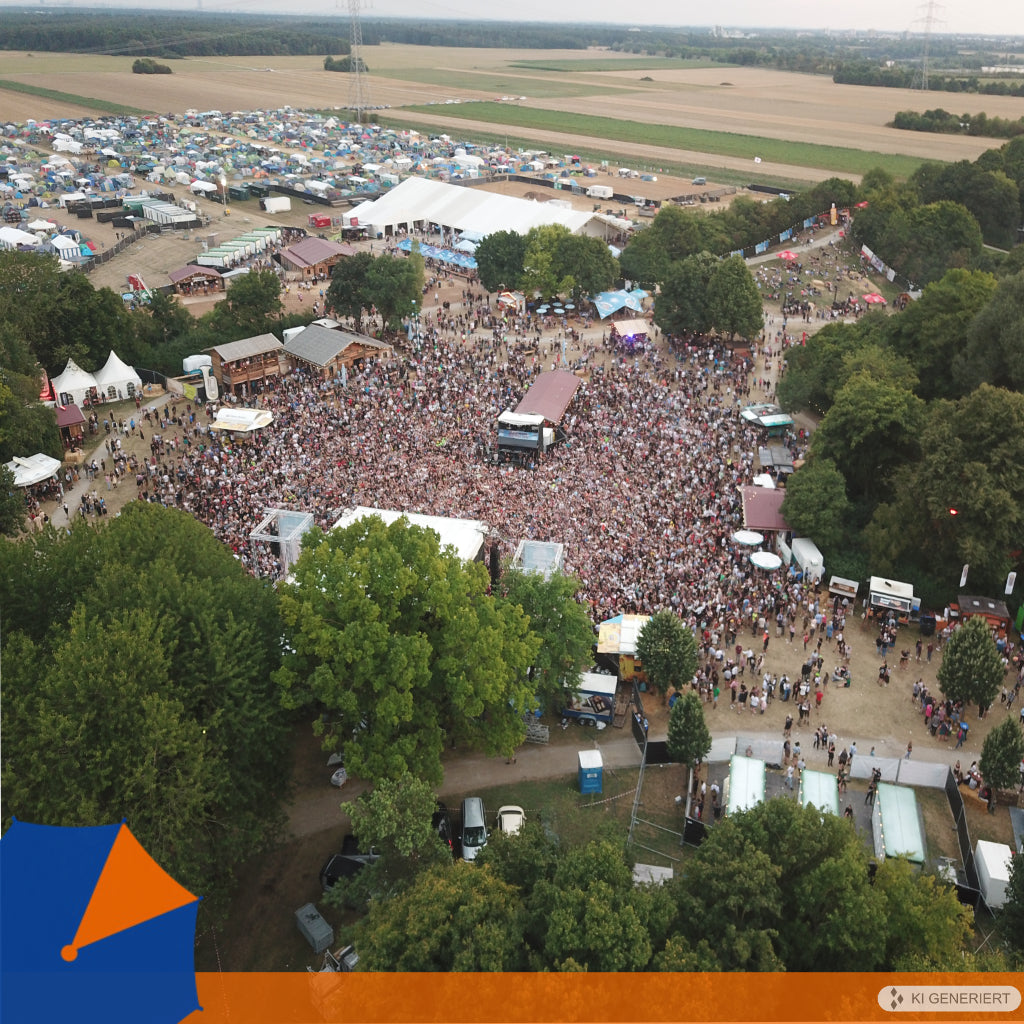 Luftaufnahme einer Großveranstaltung: Behördliche Planung und Event-Sicherheit für Massenereignisse wie Festivals.