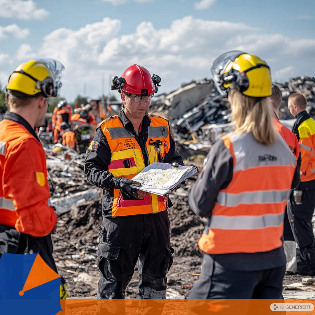 Einsatzleitung bespricht Pläne in einem Trümmerfeld zur Koordination und Einbindung von Spontanhelfenden im Katastrophenschutz.
