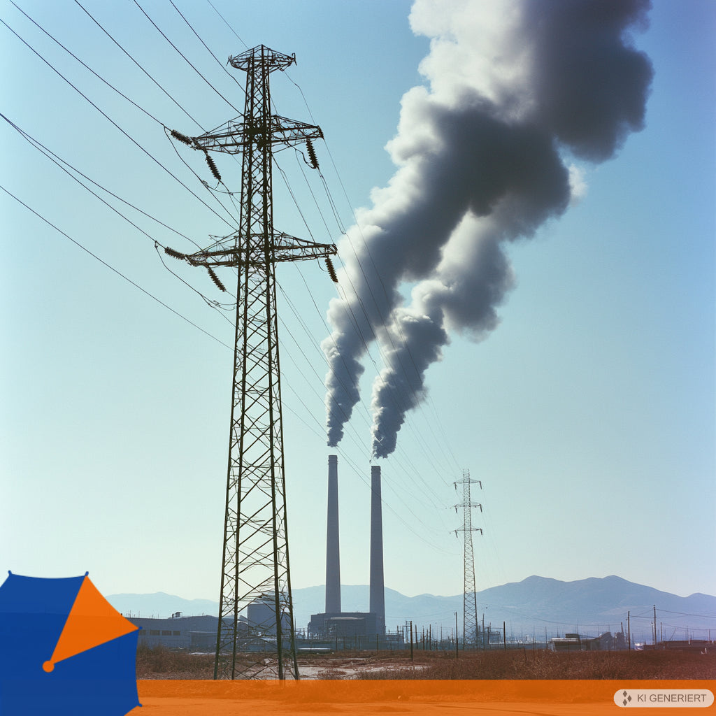 Hochspannungsmast und rauchende Industrieschornsteine symbolisieren Energiemangellage und KRITIS-Vorsorgeplanung.