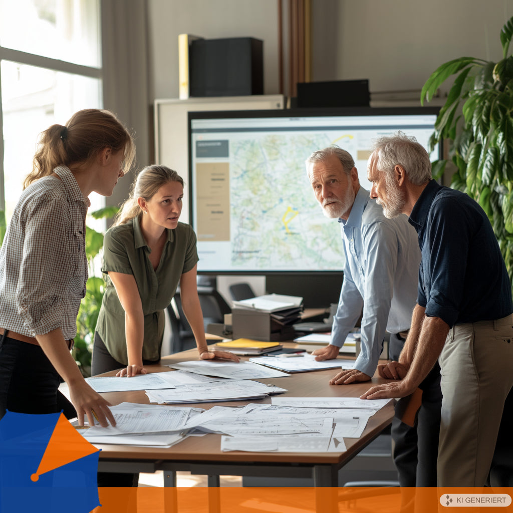 Besprechung im Stab: Team diskutiert weiter vorgehen in der Krisensituation anhand von Karten und Dokumenten.