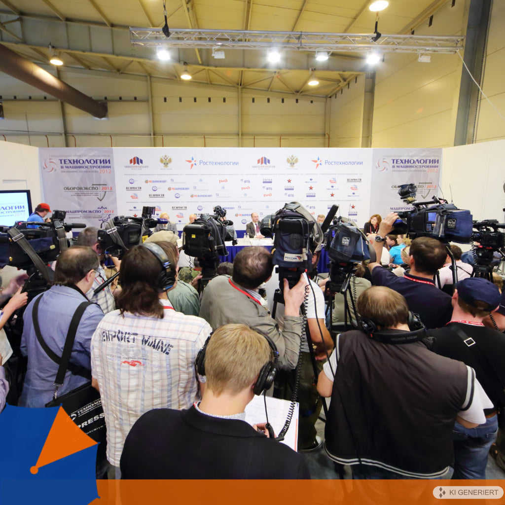 Pressekonferenz zum Krisenmanagement: Politisch Verantwortliche kommunizieren in einem Raum voller Kameras und Journalisten.