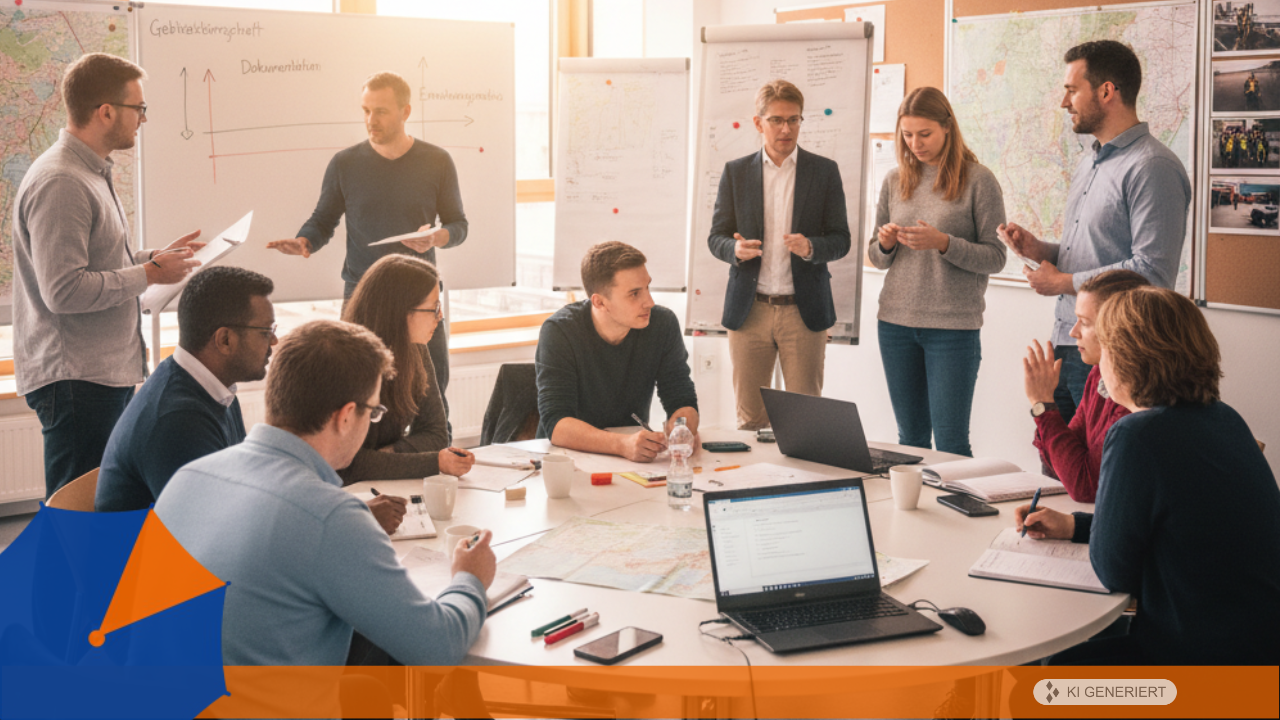 Workshop Stabsübung: Übungsleiter Kommunalverwaltung und Stabmitglieder planen Stabsübung in einem Workshop.