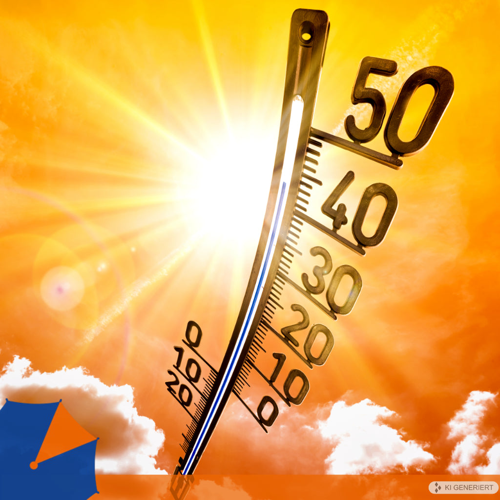 Thermometer bei 50 Grad Celsius symbolisiert Extremhitze und die Notwendigkeit der Vorsorgeplanung für Hitzewellen.