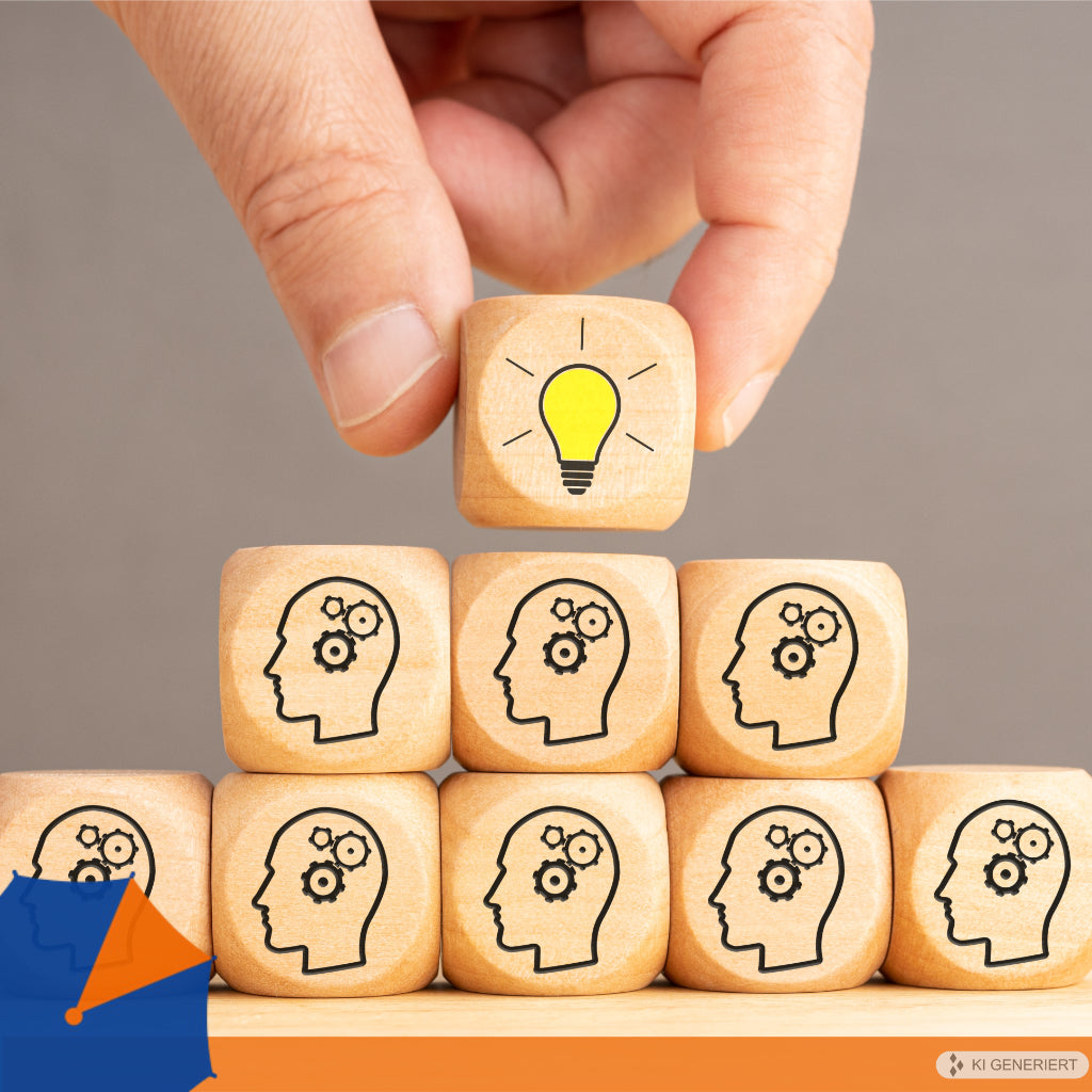 Hand setzt Idee (Glühbirne) auf Wissensbasis: Visualisierung von Informations- und Wissensmanagement in der Koordinierungsgruppe Stab.