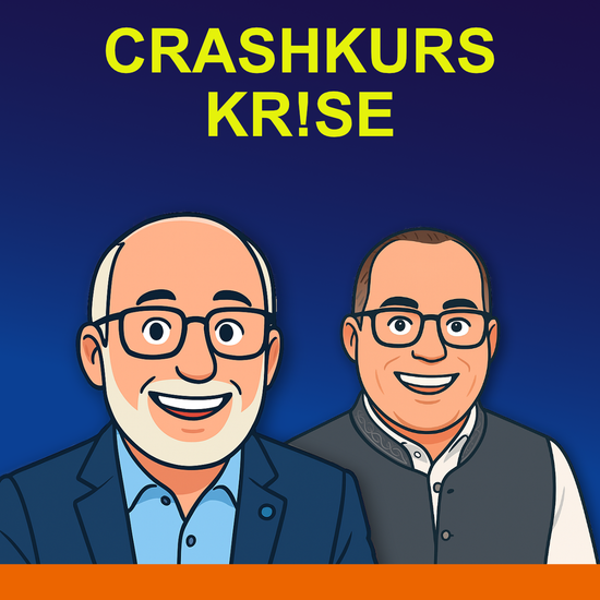 Podcast Cover Crashkurs Krise mit den Hosts Andreas Karsten und Manuel Weiskopf im Cartoon-Stil.