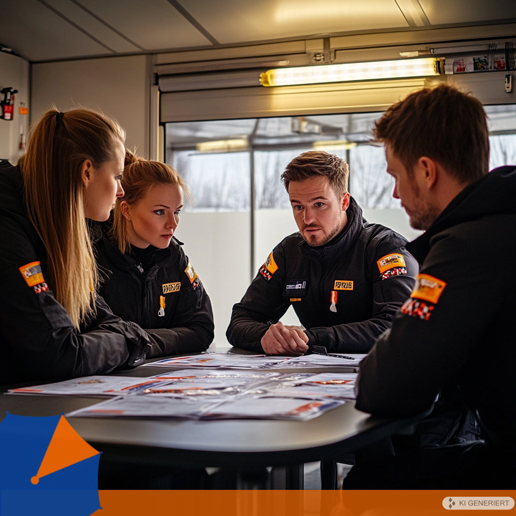 Stabsfortbildung: Einsatzkräfte Besprechen sich in einem Einsatzraum zu einer Krisensituation.