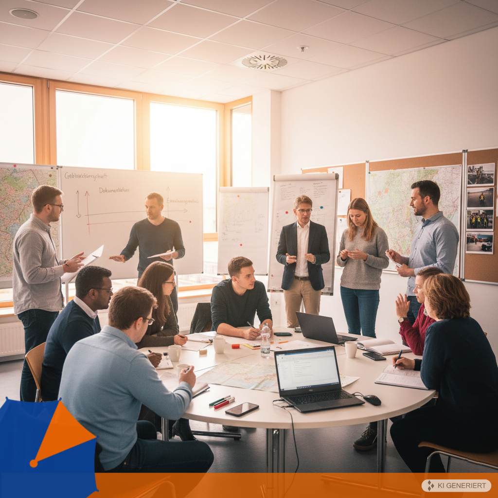 Workshop Stabsübung: Übungsleiter Kommunalverwaltung und Stabmitglieder planen Stabsübung in einem Workshop.